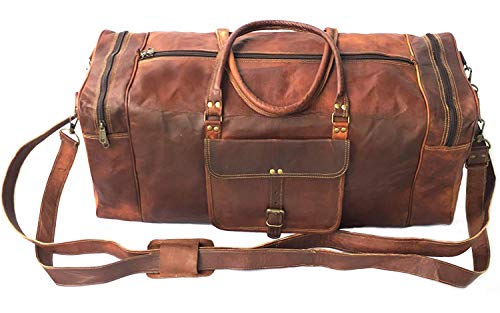 KK's Vintage Leather Duffel Bag, Handcrafted, Stylish & Durable, Ideal for Gym, Travel, Genuine Leather Travel Bag, Brass Rivets & Zippers Size 28"(L),12"(D), 11"(H) Inch2