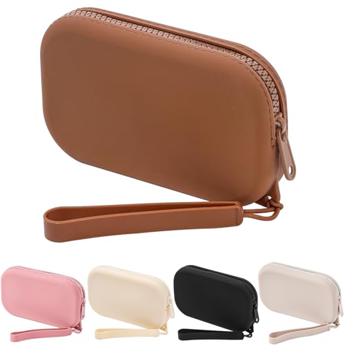 JOVAKIT Small Portable Silicone Makeup Bag for Women, Travel Waterproof Toiletry Cosmetic Bag Gifts for Women, Zipper Closure Makeup Case with Handle (Brown)