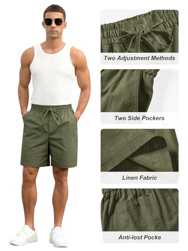Image of RQP Mens Cotton Linen Shorts Casual Drawstring 7inch Inseam Shorts Stretch Summer Beach Wear