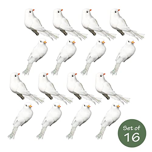 Banberry Designs White Dove Feathered Christmas Tree Ornaments - Set Of 16 Turtle Doves Clip On Ornament - Approx. 3 Inches Long With Silver Clips - Real Feathers And Iridescent Accents… #TOP3