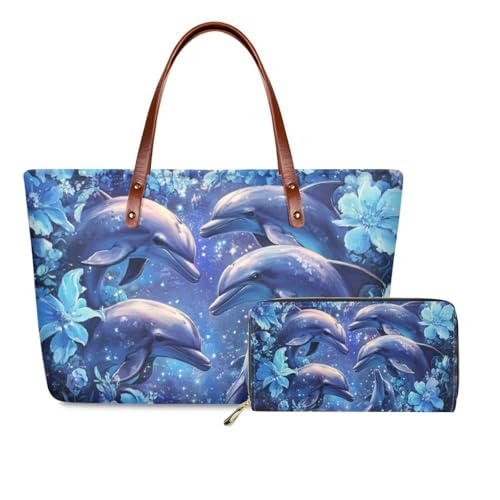 FKELYI Dolphin Leather Tote Bags for Women Blue Floral Handbags with Long Wallets Purse Set Waterproof Top-Handle Bags Fashion Work Handbag 2 Piece