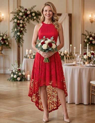 Image of Dressystar Women Halter Lace Wedding Guest Dress Hi-Lo Cocktail Party Bridesmaid Formal Dresses