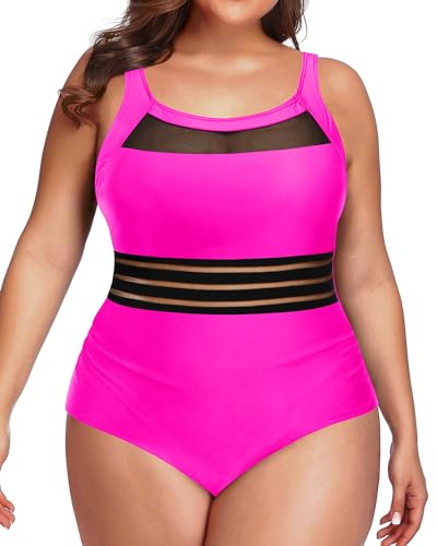 Daci Plus Size Hot Pink One Piece Swimsuit for Women Mesh Tummy Control Bathing Suit Swimwear XXL