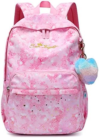 Caran·Y Girls Backpack for Kid in Waterproof Elementary Large space Love decoration Starry Pattern School Bookbag Boys Girls Fit Over 6 Years Old Girls Book Bag（Pink）