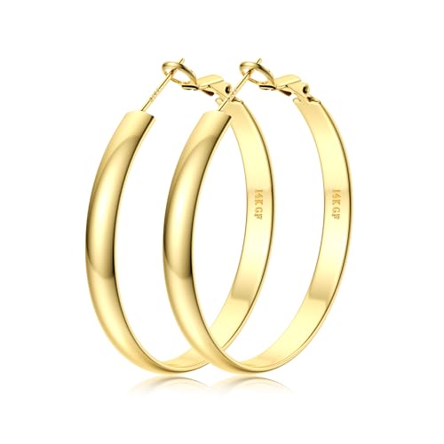 BESTEEL 14K Gold Filled Hoop Earrings for Women, 5mm Wide Large Flat Gold Hoop Earrings, Hypoallergenic Lightweight Oversized Big Hoop Earrings Gold