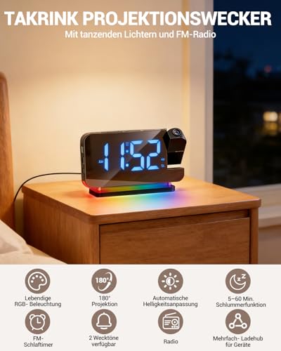 TAKRINK RGB Projektionswecker, Wecker Digital mit 180° Projektion, Bunt