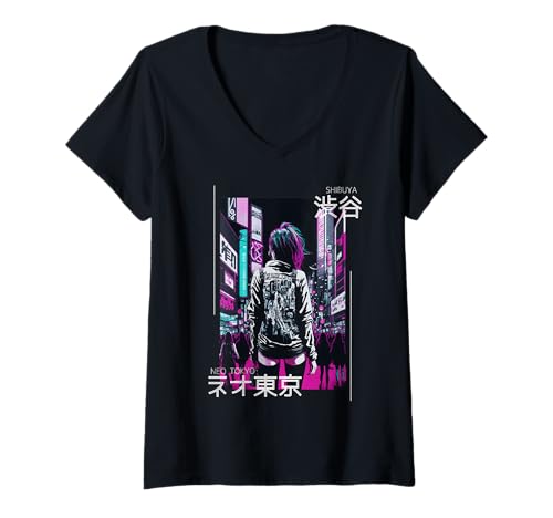Damen Neo Tokyo Shibuya Cyberpunk Japanische ästhetische Vaporwave T-Shirt mit V-Ausschnitt