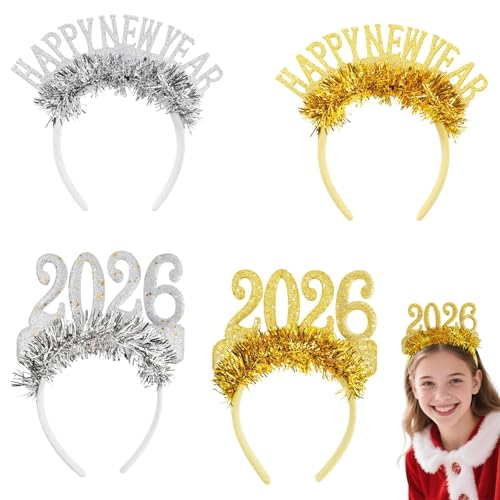 Photo de CQXSYTBN accessoires fête Nouvel An 2026 – 4pcs bandeaux cheveux pailletés adulte enfant, guirlande brillante or argent, serre-tête chiffres HAPPY NEW YEAR soirée déguisée