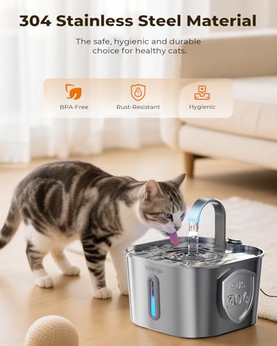 Katzenbrunnen Edelstahl 2,2L | Super Leise Trinkbrunnen für Katze mit Kabel | Katzen Trinkbrunnen mit 5-stufiges Filtersystem & LED-Licht | Einfach zu Reinigen | mit 4 Aktivkohlefilter