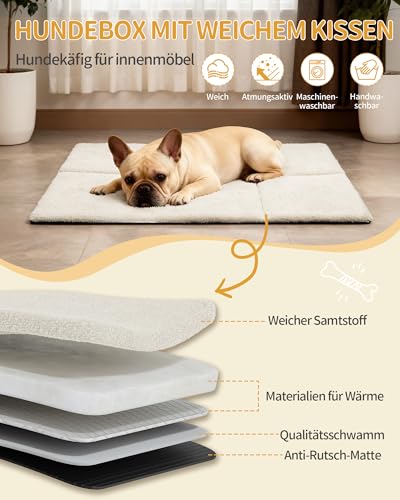 Hzuaneri Hundekäfig Möbel, Indoor Hundebox mit Kissen, Modernes Dreitür-Design, Beistelltisch aus Holz, Geeignet für Kleine und Mittelgroße Hunde, 80 x 55 x 61,5 cm, Weiß DFC87713W
