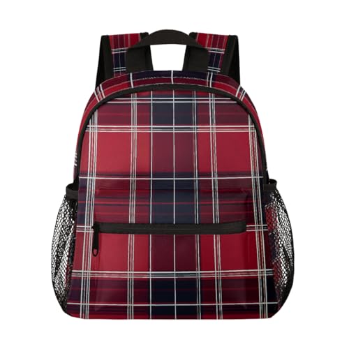 Toddler Backpack Classic Red Blue Tartan Plaid Kids Bacpack for Boys Girls Kindergarden Preschool Bag Lightweight Small Travel Rucksack Bag with Bottle Holder