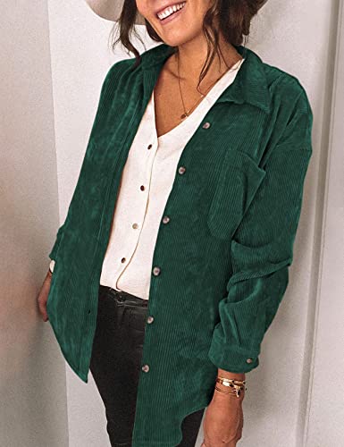 Saslax Womens Corduroy Shirt Long Sleeve Oversized Button Up V Neck Blouses Tops Loose Shacket Jacket With Pockets Green Xx-Large #TOP2