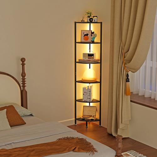 HaodaCulture Estantería Esquinera, Estanteria Libros de 6 Niveles con Luz LED, Estanteria de Almacenamiento, Estantería para Plantas, para Sala de Estar, Dormitorio, Oficina, 43x30x172cm