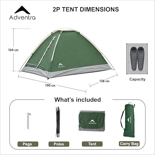 Image of 2 Person Camping Tent | Dome Tent | Water Resistant | UV Protection | Wind Ready | Portable | ET1102 | Green