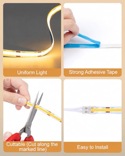 Image of JUSJUBR Shelf Lighting, 32.8ft 24V Dimmable Cuttable COB LED Strip Lights, Warm White 3000K, LED Lights for Shelves, Cabinets, Bookshelves, Display Cases, Closets, Wall Panels and Kitchens