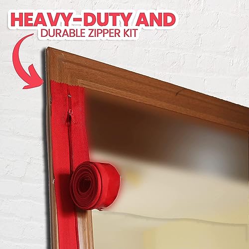 CALPALMY 4-Pack Heavy-Duty Dust Protector Zipper (Red) - Self-Adhesive Instant Door Zipper - 7 Ft Length x 3" Width - Includes 4 Zippers and Plastic Sheeting Cutter Accessories