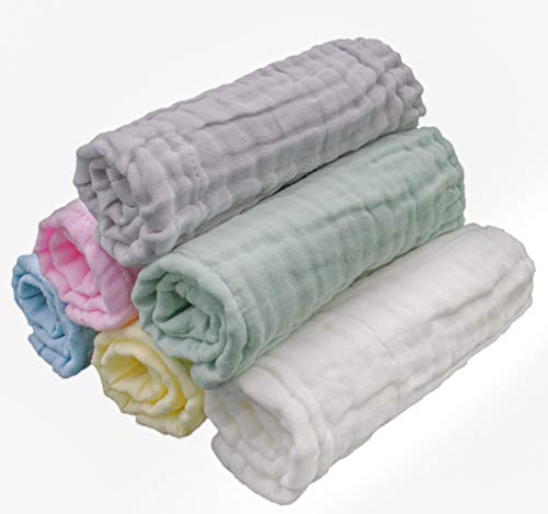 LollyBanks Baby Washcloths, 100% Cotton Kids Washcloths, Large 12 x 12 Inches Soft and Absorbent Muslin Baby Towel for Bath, Burp Cloths, Bibs, Baby Essentials, Registry (Pack of 6 Multi Color)