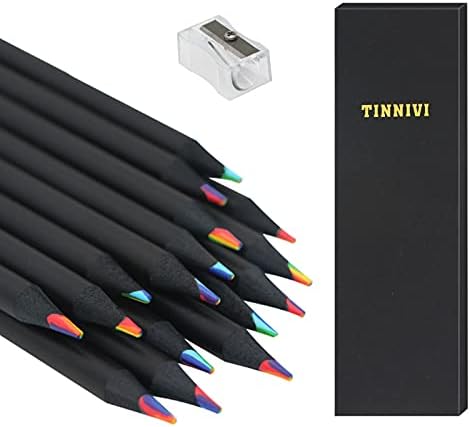 TINNIVI Art Supplies for Kids and Adults, 7 Color in 1 Black Wooden Rainbow Colored Pencils, Pre-sharpened, Multicolored Core, with Sharpener, for Coloring Books, Drawing, Sketching (16pcs)