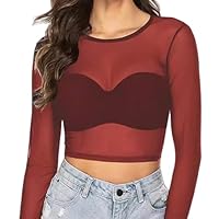 Necalisi Top Dentelle Femme Col Rond Manches Longues B-Rouge sans Couture Filet Femmes-Maille Haut D'été Sexy Transparent Shirt Serré en Tulle L