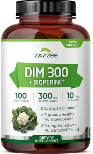 Zazzee DIM 300 mg Per Capsule, 100 Count, Plus 10 mg BioPerine, Vegan | Estrogen Balance, Hormonal Acne, Menopause Support, Hormonal Balance, Diindolylmethane, 