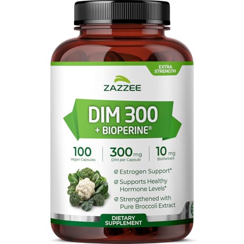 Zazzee DIM 300 mg Per Capsule, 100 Count, Plus 10 mg BioPerine, Estrogen Balance, Hormonal Acne, Menopause Support, Hormonal Balance, Diindolylmethane, Vegan, All-Natural, Non-GMO, Made in The USA