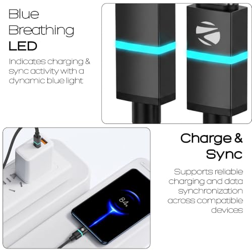 Image of ZEBRONICS Wattz 65CC3 Type-C to Type-C Cable, PD 65W, 3A Rapid Charging, Durable 1.5m Braided Cable, Blue Breathing LED, Charge & Sync, 480Mbps Data Transfer, Mobile /Tablet /Laptop Compatible (Black)