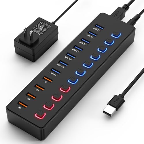 Powered USB hub,USB hub，11-Port hub Splitter (7 USB 3.0 Data Transfer Ports + 4 Smart Charging Port), Independent Switch (with LED Working Indicator) USB 3.0 Hub Powered with Power Adapter for Mac/PC