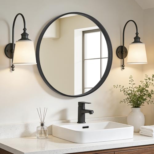 Image of WallBeyond Black Round Wood Mirror 24 inch Circle Wall Mirror for Bathroom Round Wall Mirror for Wall Decor, Vanity, Entryway Living Room