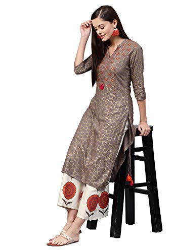 Image of ishin Women's Viscose Rayon A-Line Embroidered Thread Work Floral print Grey Kurta suit set with Palazzo
