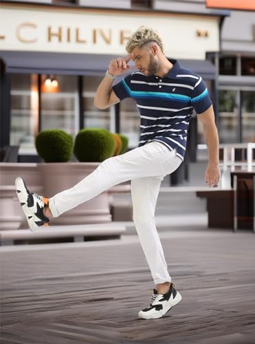 Image of fanideaz Mens Cotton Half Sleeve Striped Relaxed Fit Polo T Shirt With Collar 5005Navy S Ocean Blue