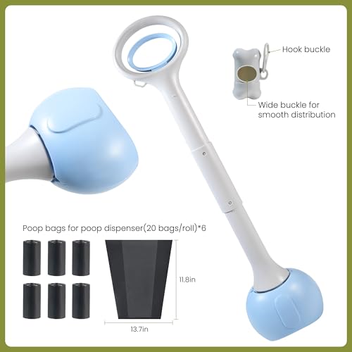 Image of Dog Pooper Scooper Portable with Bag Attachment, One Handed Foldable Design, Includes 120 Waste Bags and Dispenser, 28 Inch Handle for Grass Yard Gravel Cleanup (Blue)
