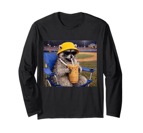 Funny Raccoon Drinking Iced Coffee Funny Animal Meme Raccoon Long Sleeve T-Shirt