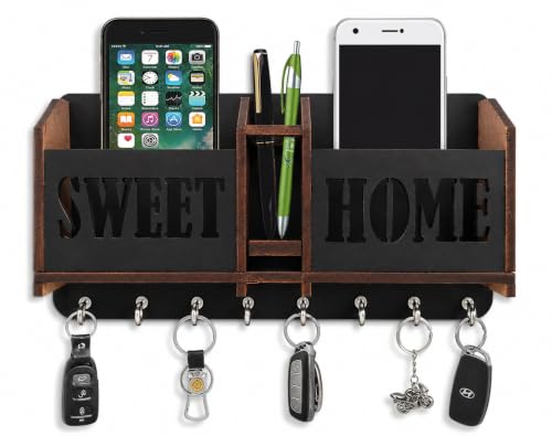 Image of Sweet Home Key Holder for Home Wall Stylish | Wooden Key Stand for Wall | MDF Key Hanger | Two Box to Charge Mobile | Pen and Keys Holder Stand for Office, Hall Living | Matte Finish