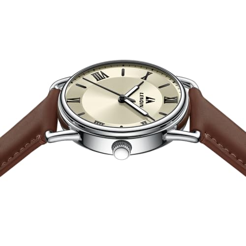 LN LENQIN Mens Watches Leather Watch Analog Quartz Watches Men 30M Waterproof Men's Wrist Watches Fashion Business Watch for Man (Dark Brown Silver Gold2) - Image 4