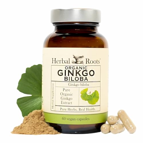 Herbal Roots Organic Ginkgo Biloba Made with Pure Organic Ginkgo Leaf and Extract – 60 Vegan Capsules