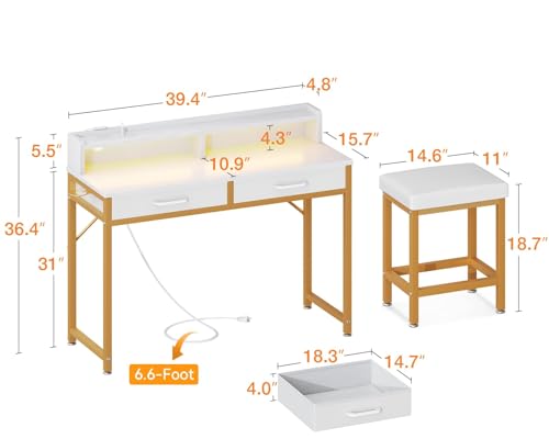 Image of AODK Vanity Desk with LED Lights, White Small Makeup Table for Small Space with 2 Fabric Drawers, Desk Make Up Vanity for Girls