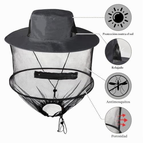 Miniatura 2 de Lalago 2 Pcs Mosquitera Para Sombrero, Head Net Safari Hat Para Hombres Y Mujeres, Apicultor Anti-Mosquito Del Insecto Sombrero, Antimosquito Insectos De Abeja Insectos Gorro Con Máscara Gris