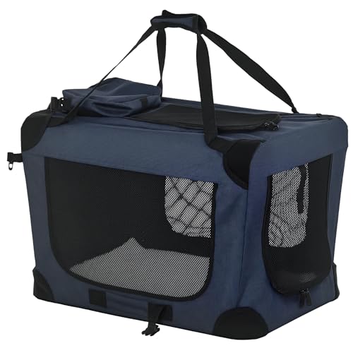 PawHut Borsa per Cani Taglia Mini e Piccola a 3 Ingressi con Cuscino e Sacche Portaoggetti, in Tessuto Oxford Blu e Metallo, 70x51x50 cm