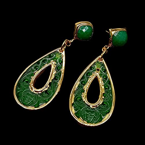 Jade vert en forme de larme sur boucles d'oreilles style fleur - 4