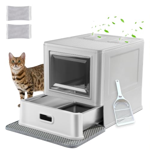 Marchul Katzentoilette, Geschlossene Katzentoilette aus Edelstahl mit Deckel und Schublade, für Wohnungskatzen, Lamellen Gegen Auslaufen, mit Schaufel und Matte, Geruchsfrei, Mit verbesserter Basis