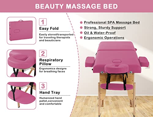 Massage Tables Portable Lash Bed 73 in Long 24 in Wide Tattoo Table, Height Adjustable Portable Spa Bed, 2 Folding Chiropractic Table w/Carry Case/Face Cradle/Hand Pallet for Physical Therapist