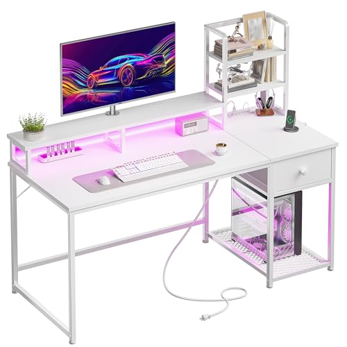 Image of EnHomee 44 inch Small White Gaming Desk with Hutch & Shelves for Teen Gamer | Dual Monitor Stand for Posture, Built-in Power Strip, Music-sync RGB Lights, Sturdy Steel Frame, Fabric Drawer, Easy Assembly