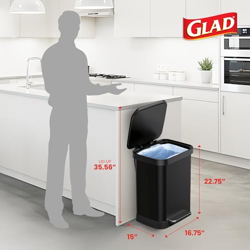 Image of Glad Stainless Steel Step Trash Can, Series 2 with Clorox Protection - Large Black Kitchen Garbage Bin with Soft Close Lid, Foot Pedal and Waste Bag Roll Holder, 13 Gallon