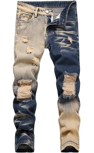 FREDD MARSHALL Calça jeans infantil rasgada destruída para meninos skinny fit, 128-6, 7