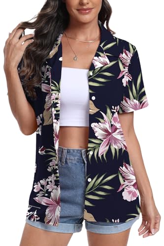 DEARCASE Damen Hawaii Hemd Kurzarm Button Down Shirts Soft Cool Floral Tropic Print V-Ausschnitt Sommer Strand Tops T-Shirt, X-Large Purple Flower...