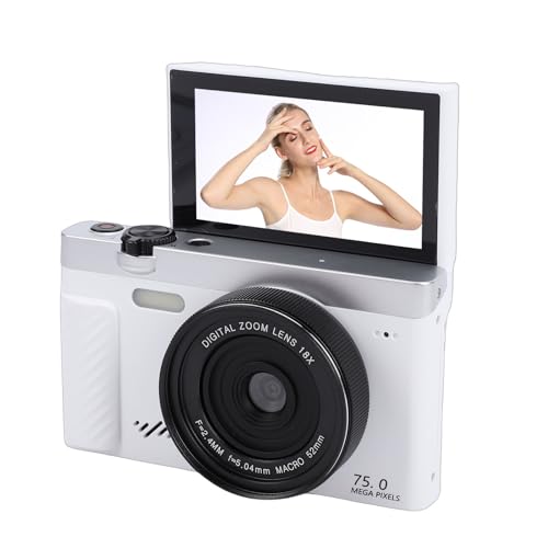 Fabater Cámara Digital, Cámara sin Espejo WiFi 4K 75MP con Pantalla Abatible de 3 Pulgadas y Zoom de 18X, Cámaras de Viaje Compactas para Fotografía de Retratos de Paisajes y Vlogging (White)