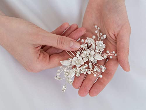 SWEETV Grampo de pente de cabelo de noiva prata feito à mão para acessórios de cabelo de casamento p