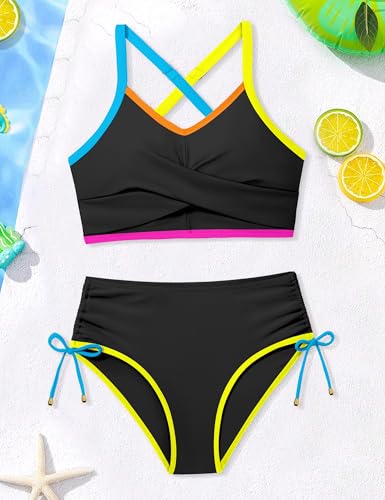 Image of Teen Girls Swimsuits V-Neck Bikini Set Bathing Suits Cross Straps Two Piece Swimwear with Drawstring