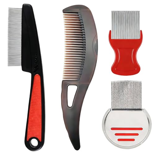 HAPPOW 4 Stück Schuppenkamm 4 in 1 Läusekamm Set mit Rundzahn Lauskamm Edelstahl Langstiel Comb Hohler Zahn & Feiner Zahn Kamm für Schuppen Fett Läuse(Tiefenreinigung der Kopfhaut)
