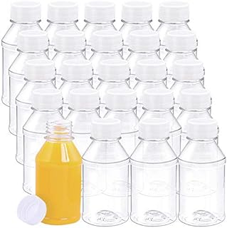 ANECO 24 Pack 4 Ounce Empty Plastic Juice Bottles Reusable Drink Containers with Lids Idea for Storing Juices, Water and Other Homemade Beverages